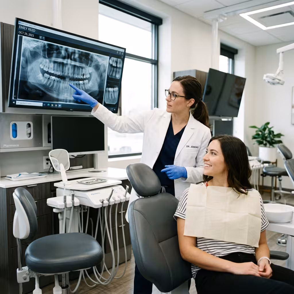 Dentist explaining a dental X-ray to a patient, showcasing documentation and diagnosis for D2950 dental code claims