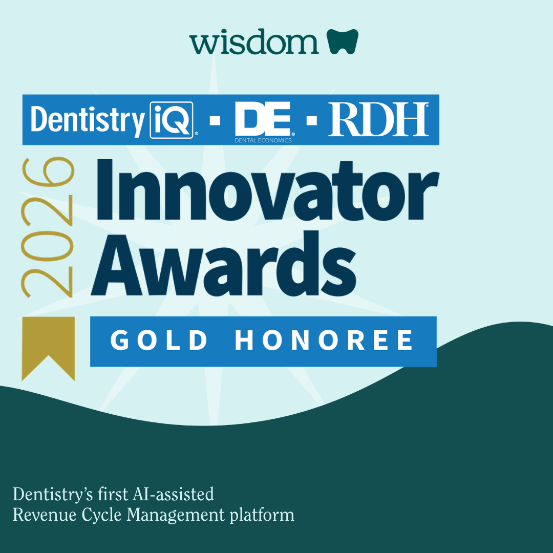 Graphic titled “Dental Billing Glossary” with an open book illustration at the bottom and the Wisdom logo at the top, set against a light teal background framed in dark teal.