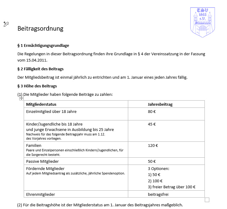 Neue Beitragsordnung ab 1.1.2026