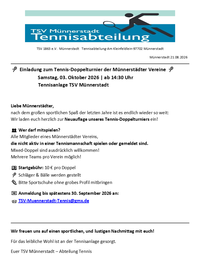 Einladung zum Tennis-Doppelturnier der Münnerstädter Vereine