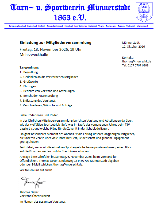 Einladung zur Mitgliederversammlung Freitag, 13. November 2026, 19 Uhr in der Mehrzweckhalle