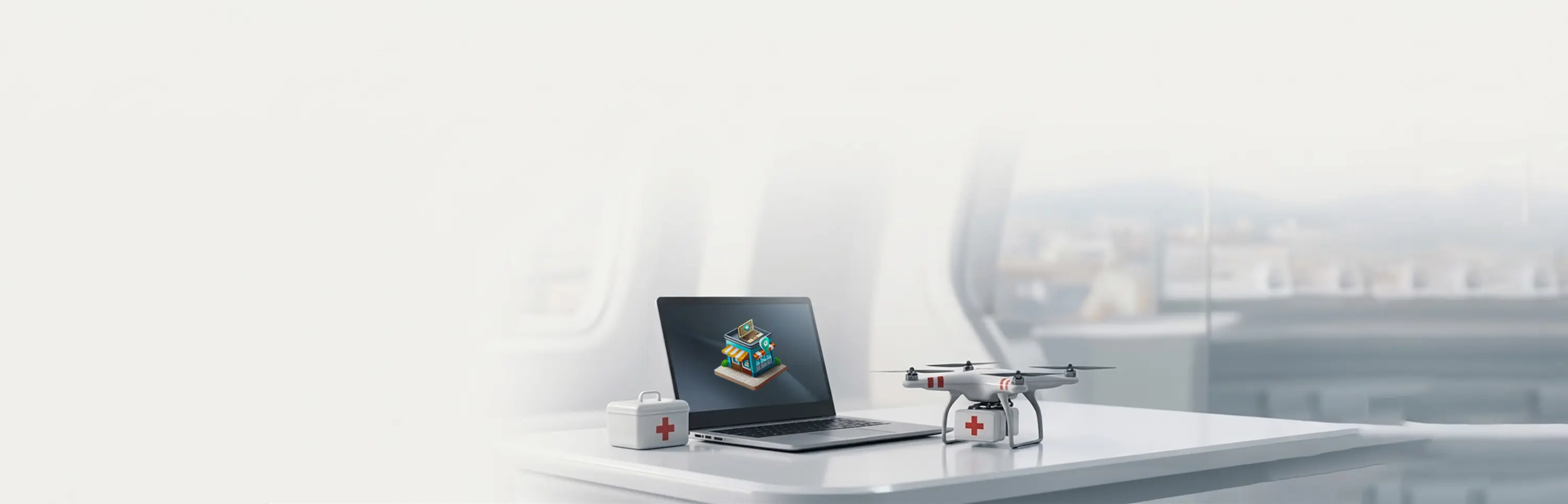 Laptop with a digital storefront icon on screen, a medical kit, and a drone with a medical kit on a white table.