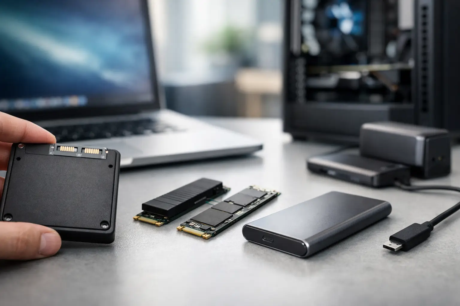 Kézben tartott SSD meghajtó, különböző típusú SSD meghajtók és külső merevlemez tárolók egy asztalon, háttérben laptop és PC ház látható.