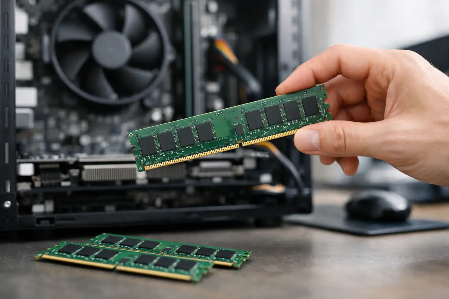 Kéz tart egy számítógép RAM memória modulját egy asztalon, ahol két másik RAM modul fekszik, nyitott asztali PC hátterében.