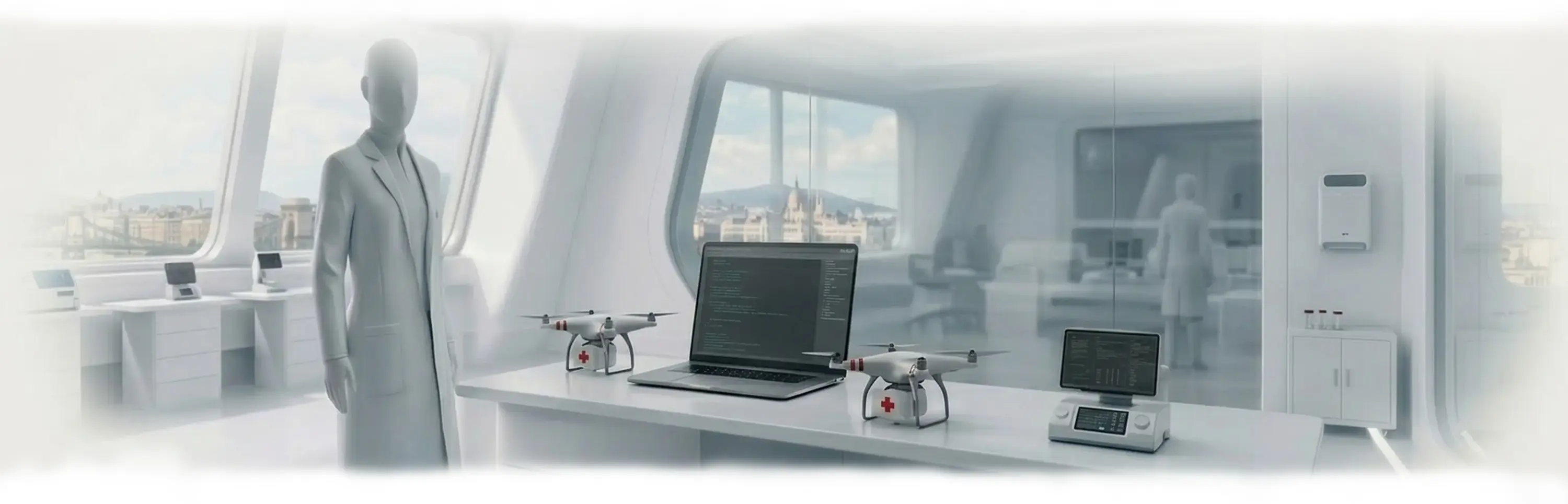 Két mentődrón, laptop és orvosi eszköz egy fehér laboratóriumi asztalon modern irodában.