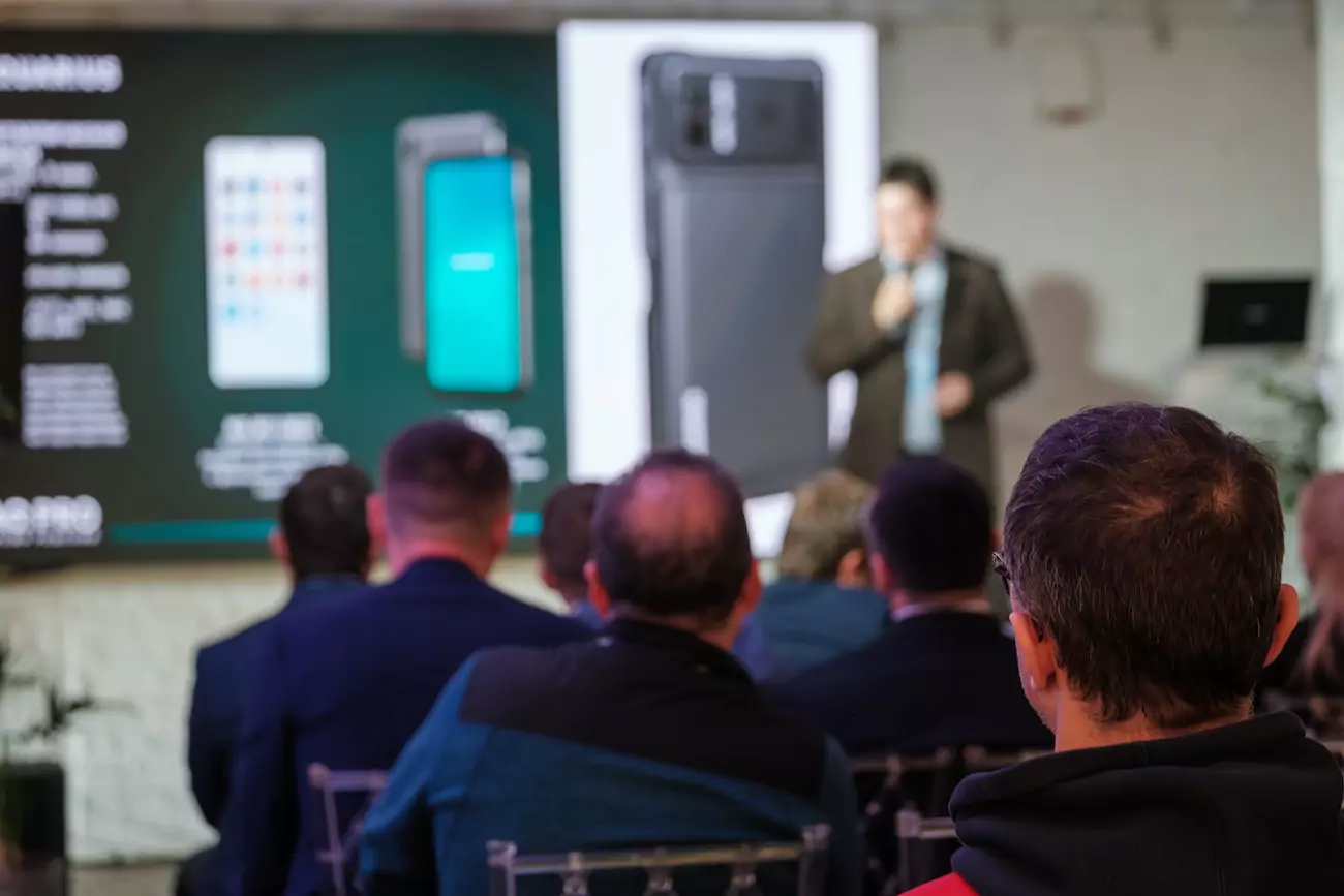 A speaker presenting a product launch presentation. 