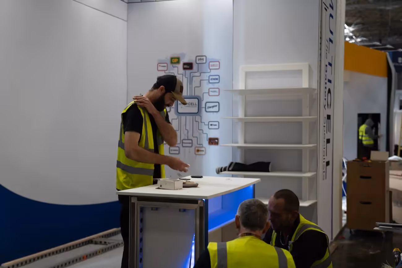 EventFull project manager & stand builders installing an exhibition stand. 