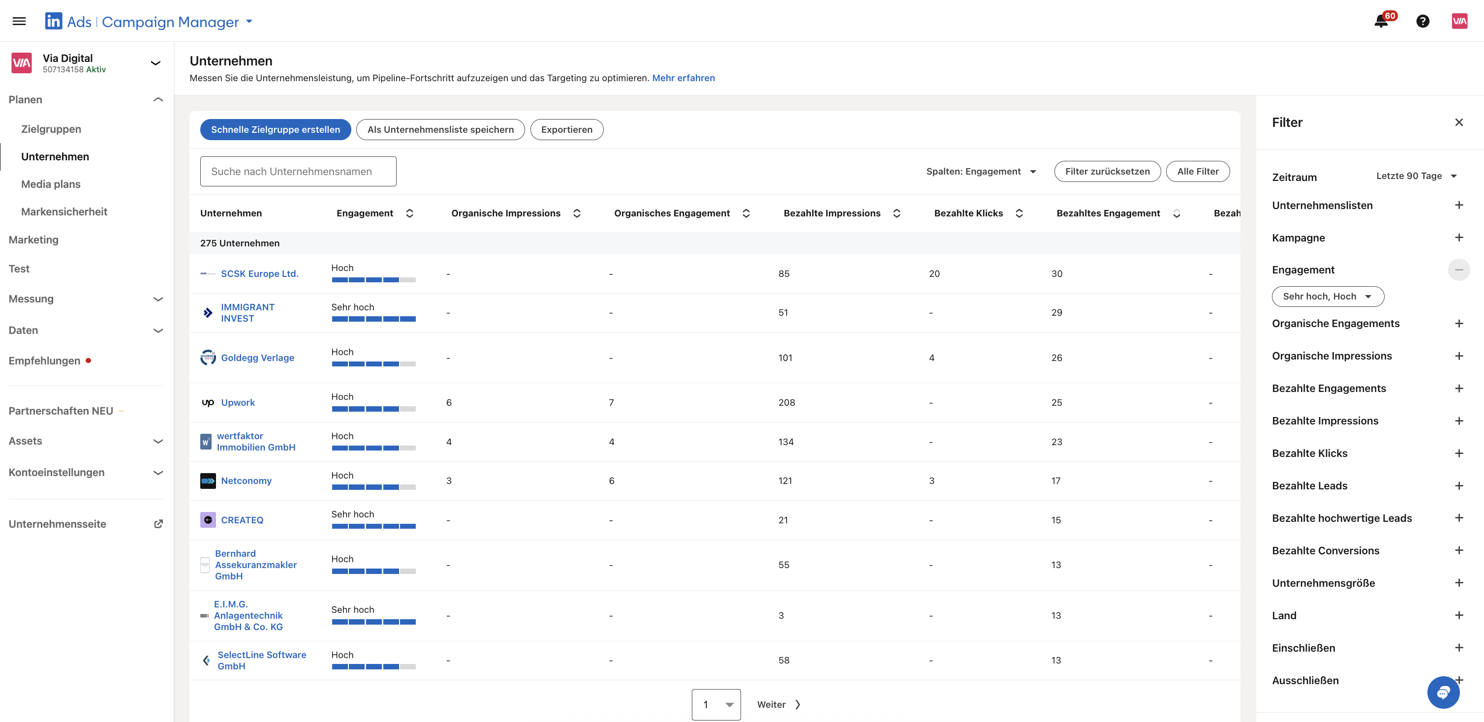 Company Engagement Report LinkedIn, zu finden unter Planen - Unternehmen