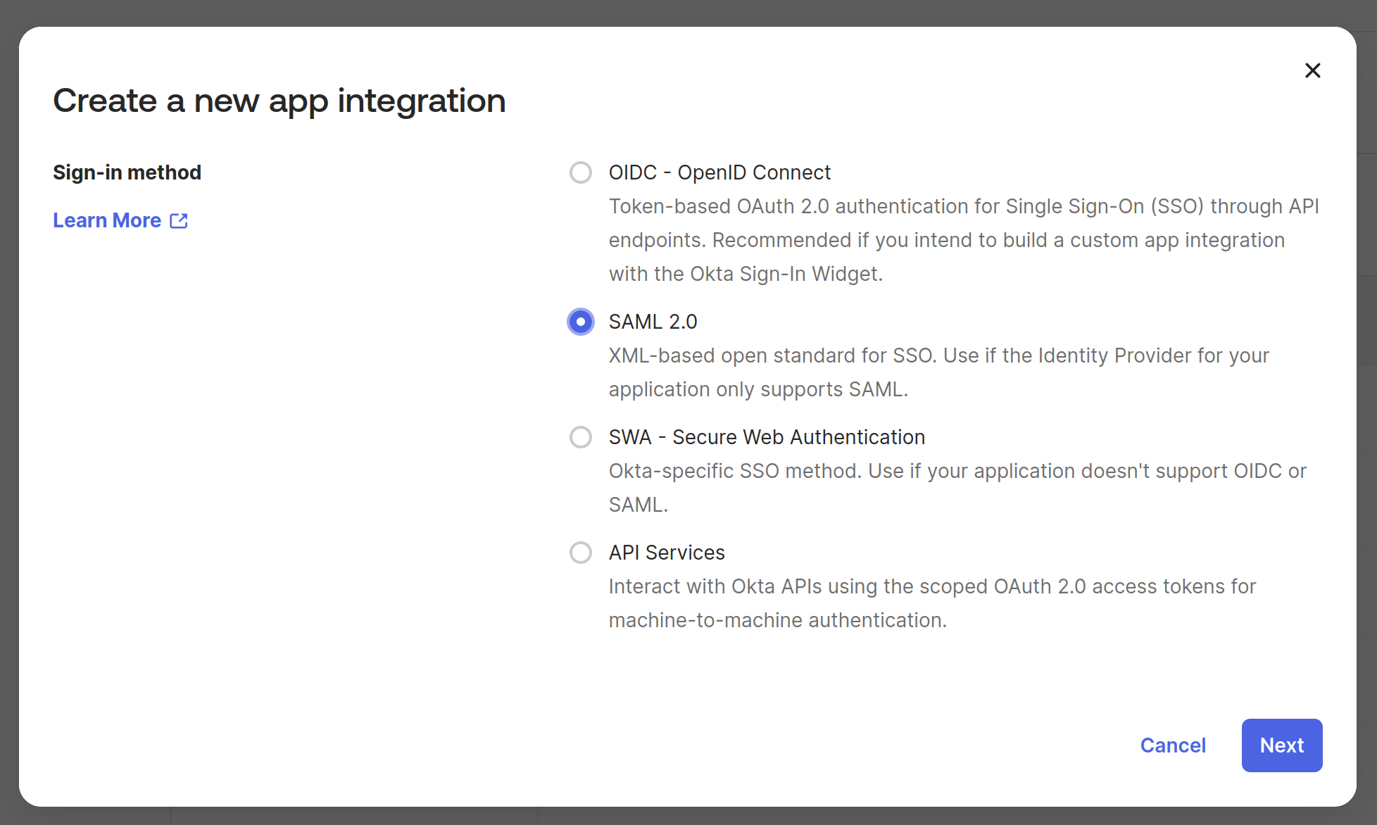 Select SAML for okta integration