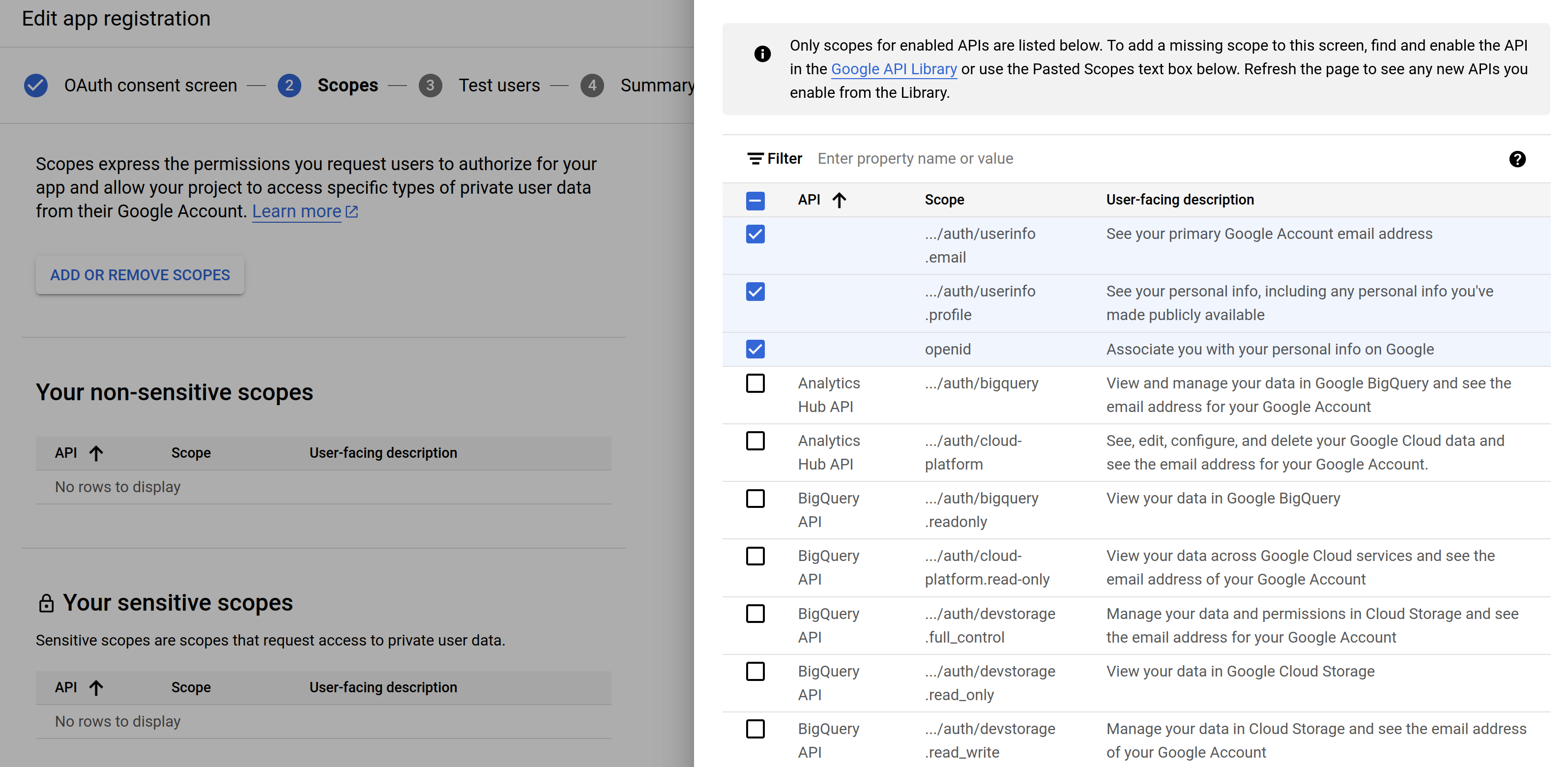 Scope and permissions screen