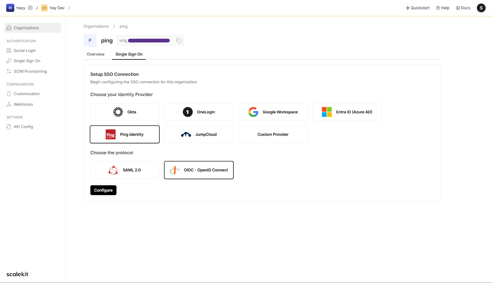 Scalekit dashboard: Selecting IDP