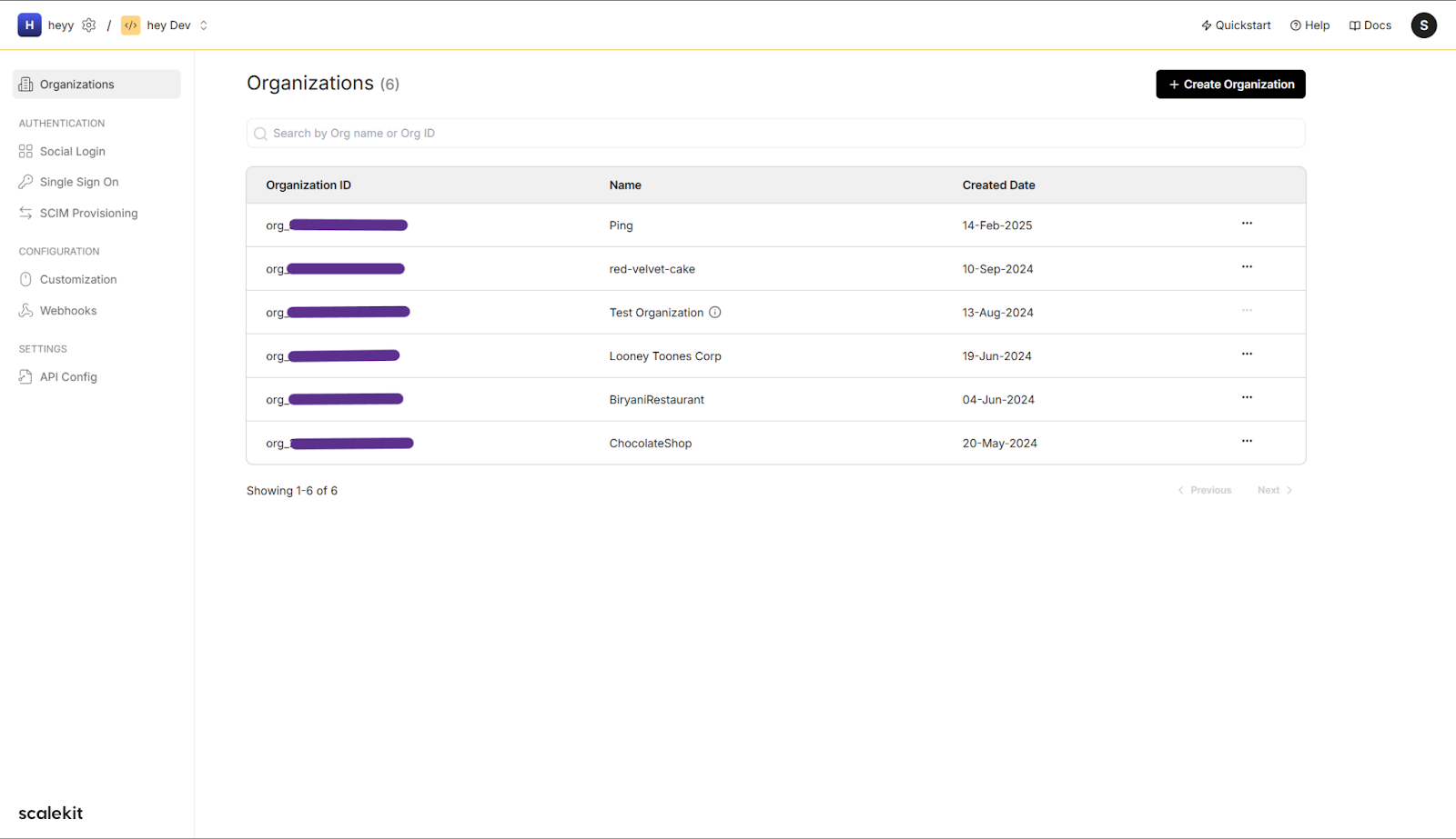 Scalekit Dashboard: Organizations