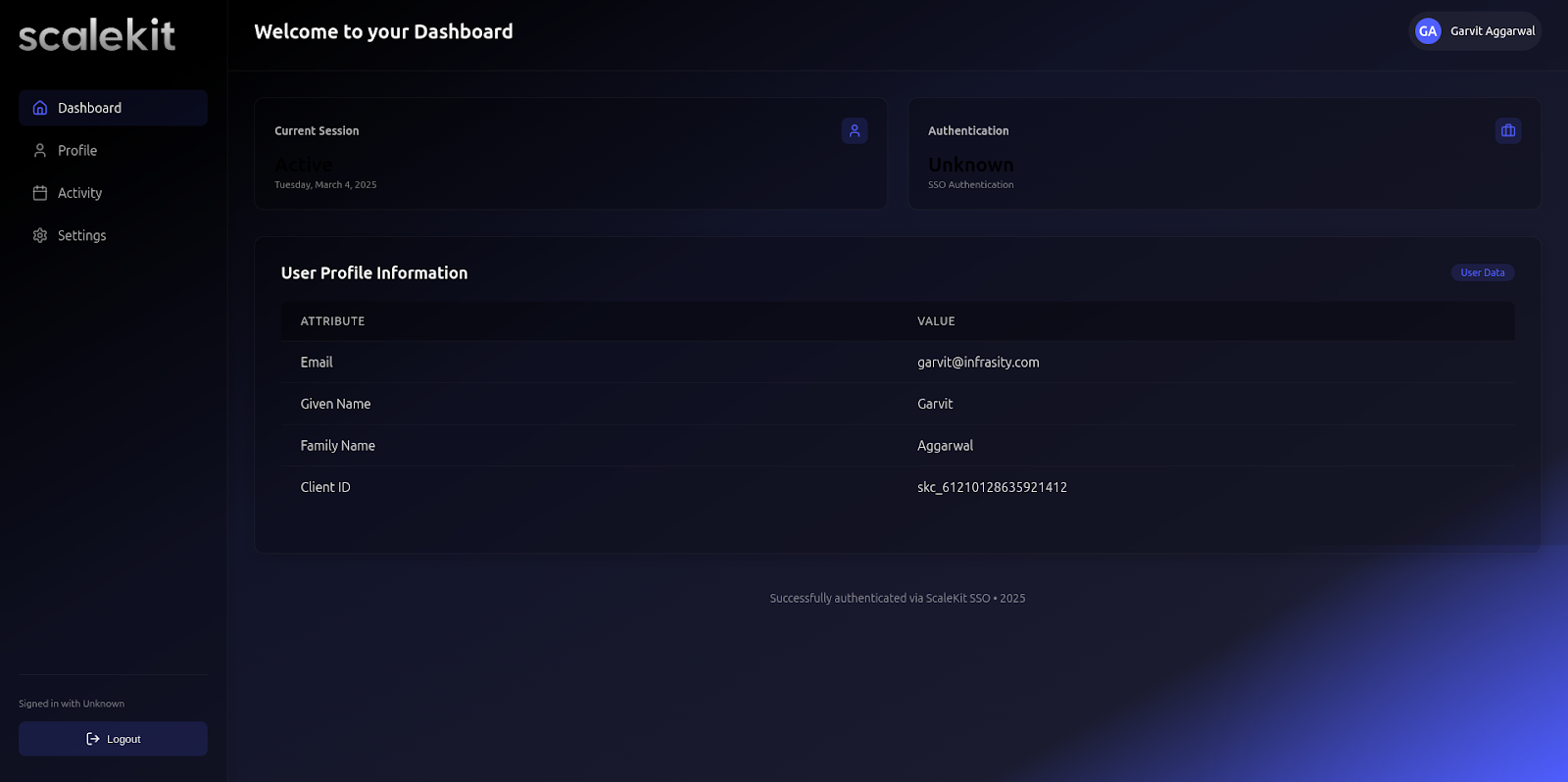 Scalekit dashboard with profile information