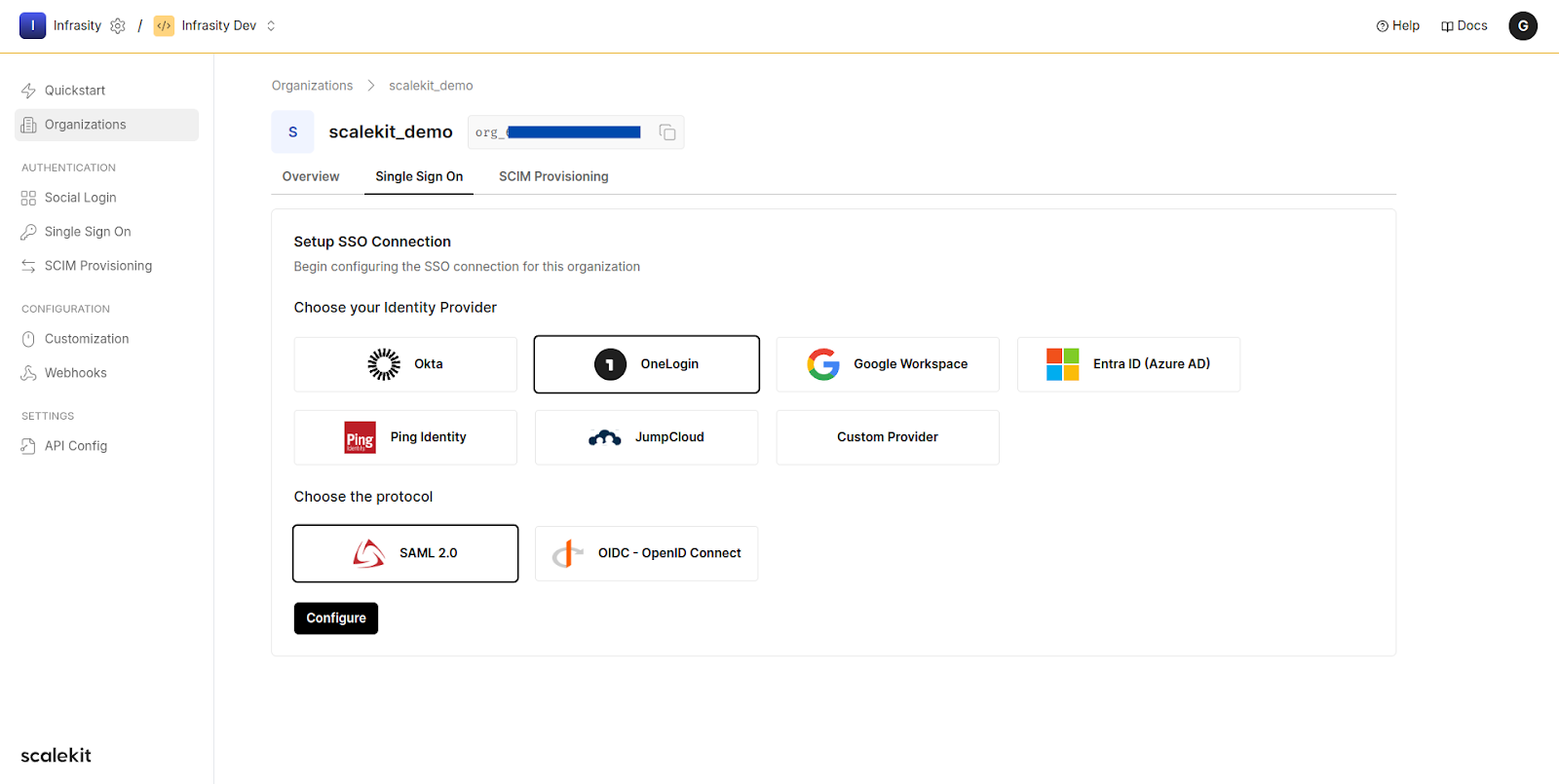 Choose OneLogin IdP and SAML as protocol