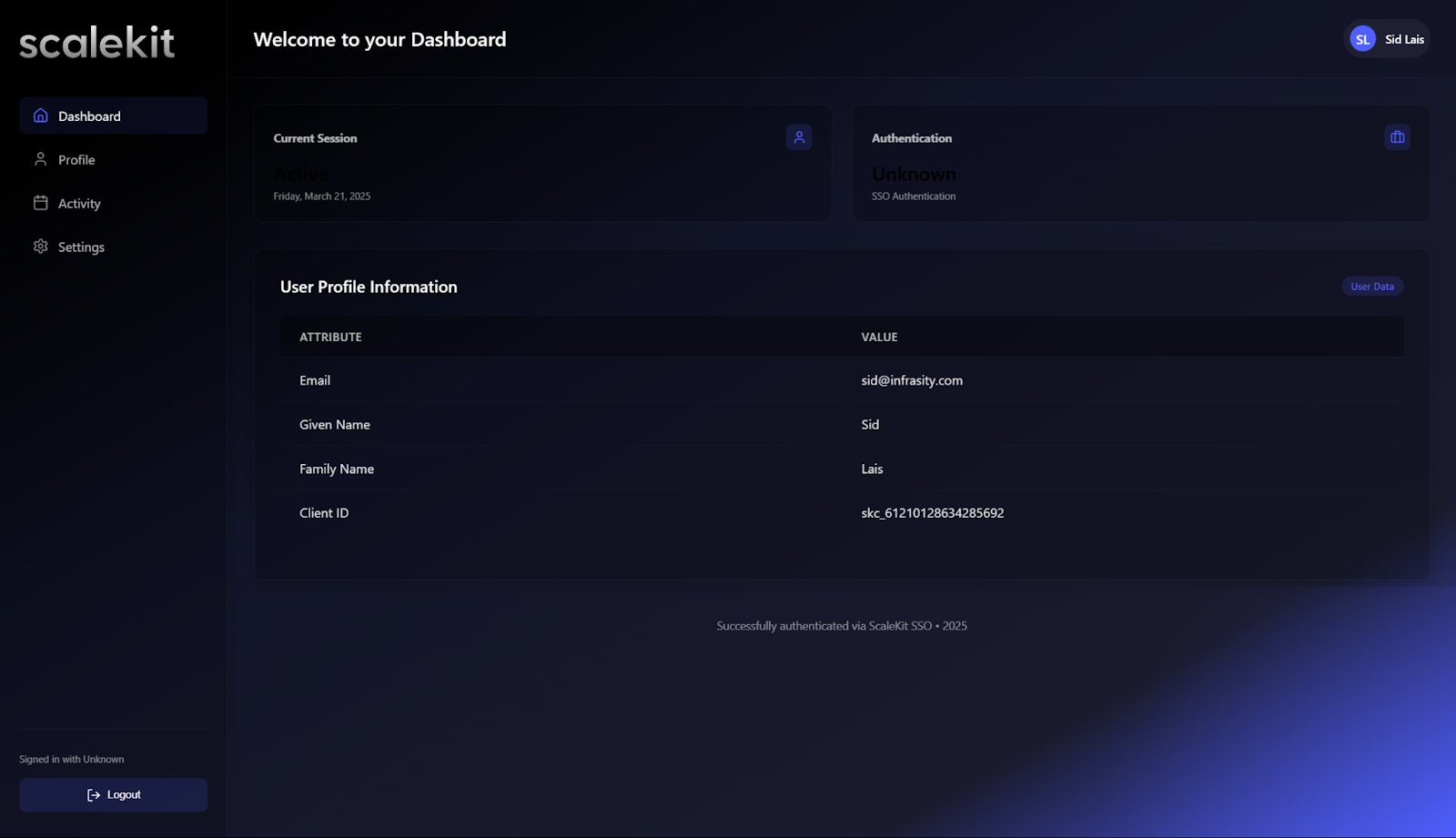 User profile information on Scalekit dashboard