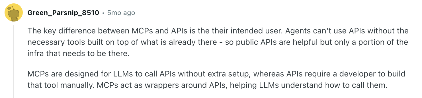 Difference between MCP and API, from Reddit