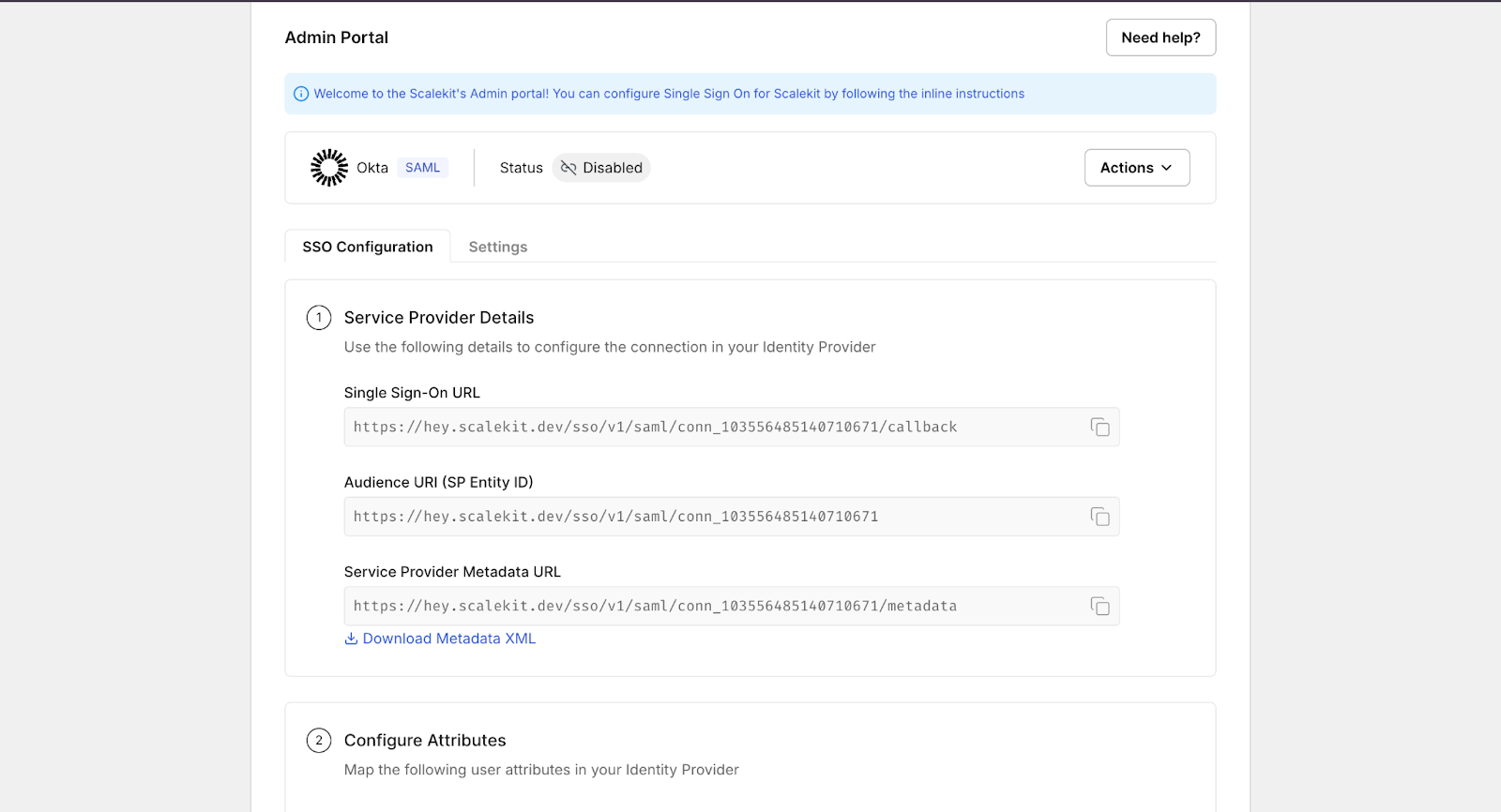 Scalekit service provider configuration showing SSO callback URL, audience, and metadata used to integrate with an enterprise IdP