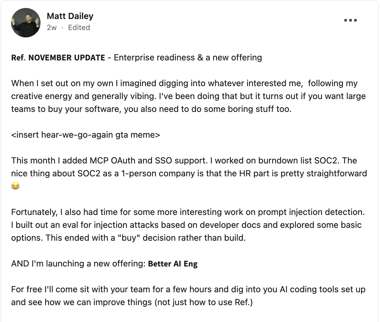 Screenshot of an industry discussion highlighting the need for enterprise readiness, SSO, and security in modern developer tools