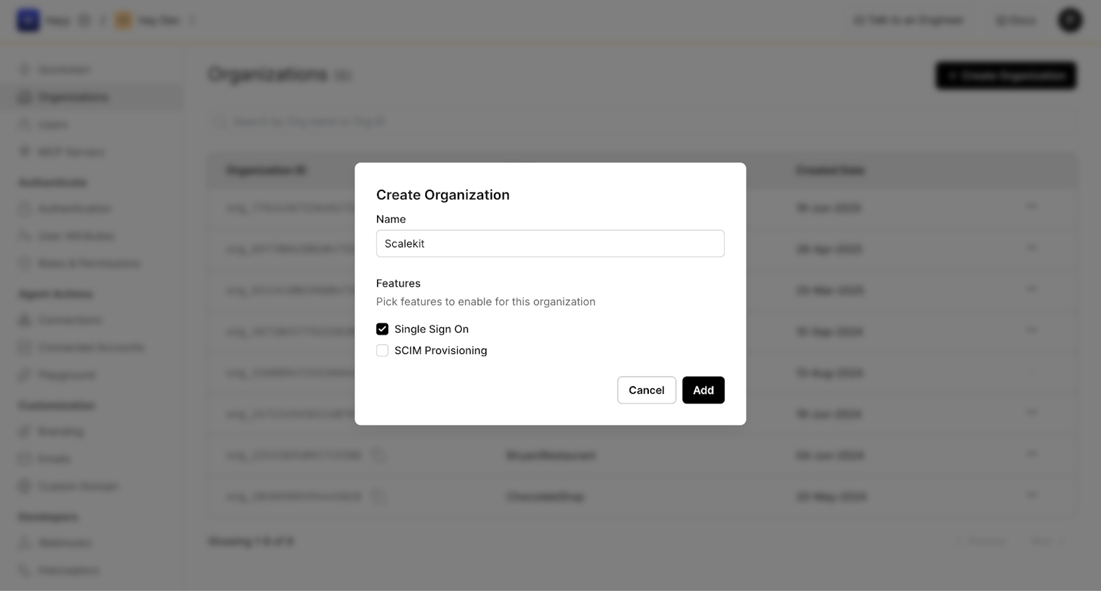 Scalekit dashboard showing the create organization flow used to set up an enterprise tenant for SSO-backed MCP authentication