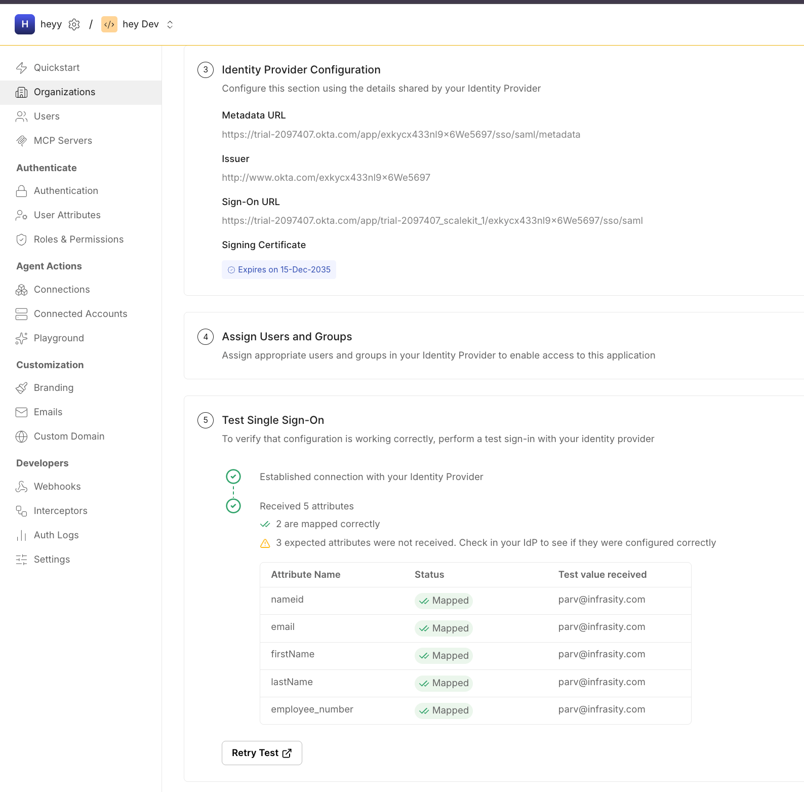 Enterprise identity provider settings confirming SSO configuration, user assignments, and successful authentication status
