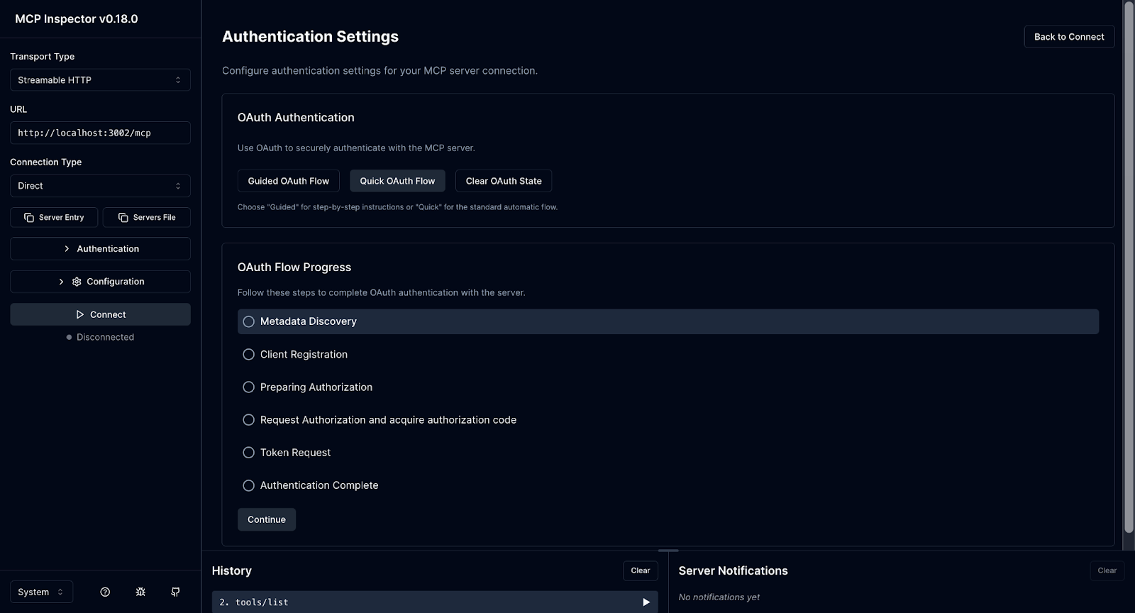 MCP Inspector settings screen showing OAuth authentication configuration for connecting to an MCP server via Scalekit