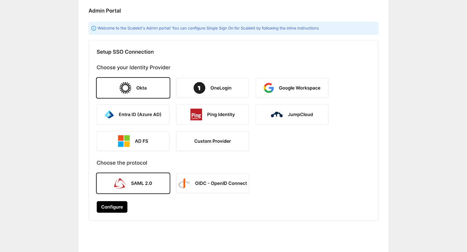 Scalekit interface for selecting and configuring an enterprise identity provider such as Okta, Azure AD, or Google Workspace