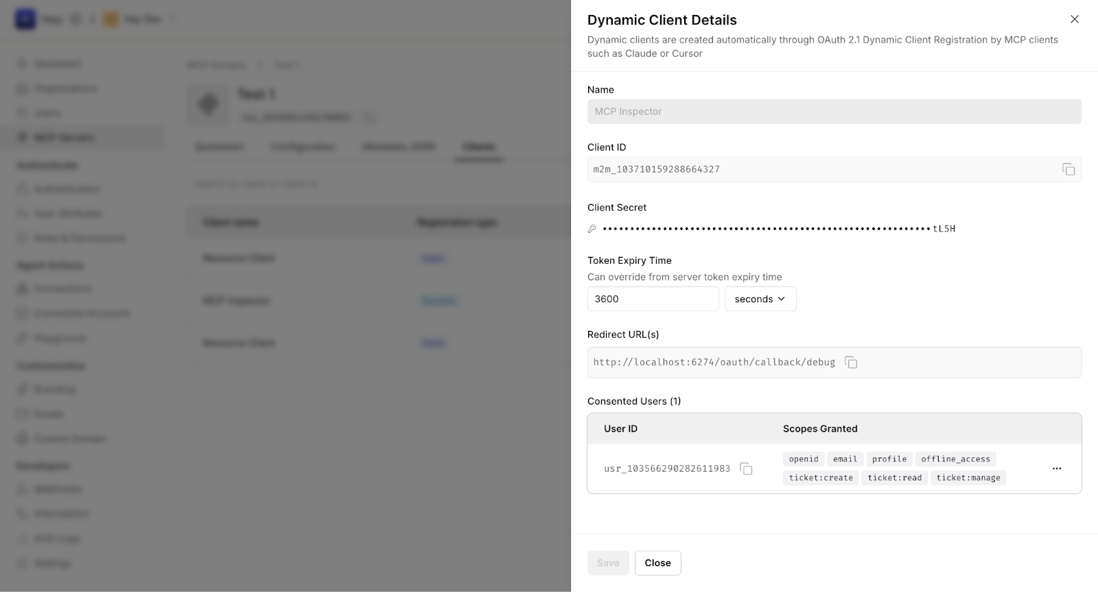 Detailed view of an MCP client in Scalekit showing client ID, redirect URL, audience, and granted scopes
