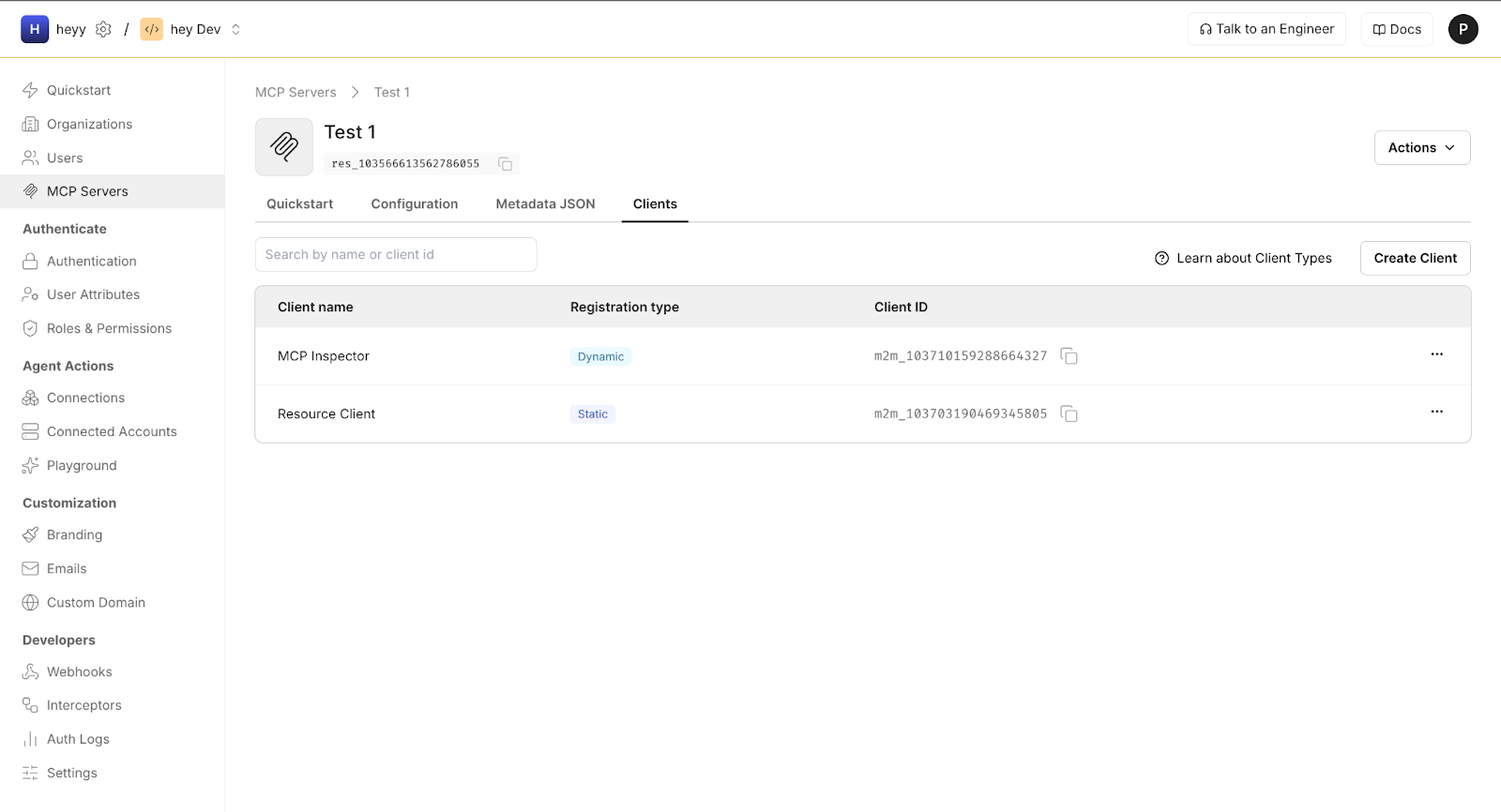 Scalekit dashboard displaying MCP clients registered through OAuth 2.1 Dynamic Client Registration
