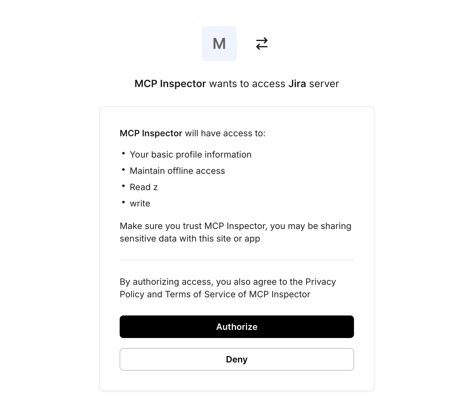 User consent screen displayed during enterprise SSO flow, showing requested MCP scopes before authorization