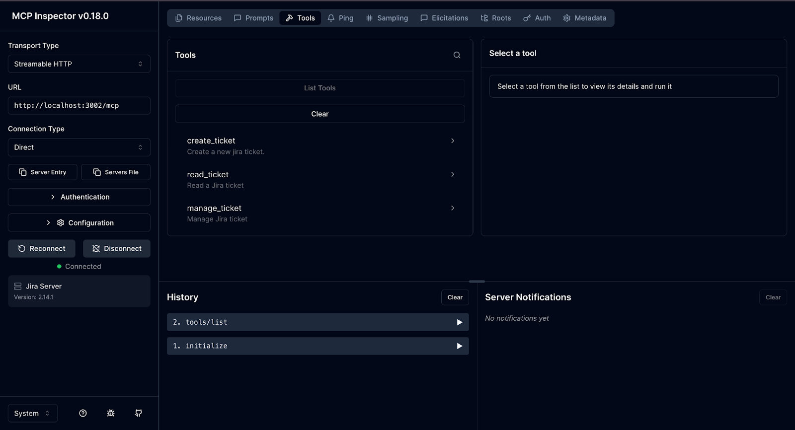 MCP Inspector interface showing a successful tool invocation after the MCP server validates scoped access tokens