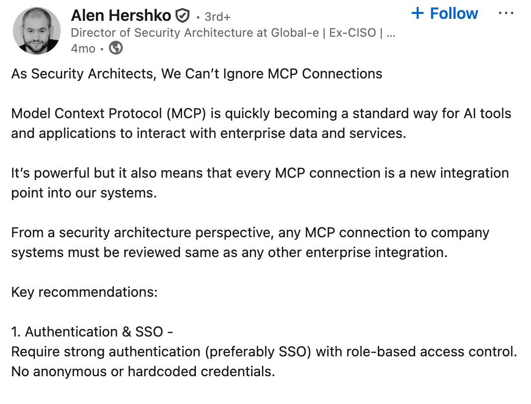 Screenshot of a security architect highlighting that MCP connections must be reviewed like any other enterprise system integration