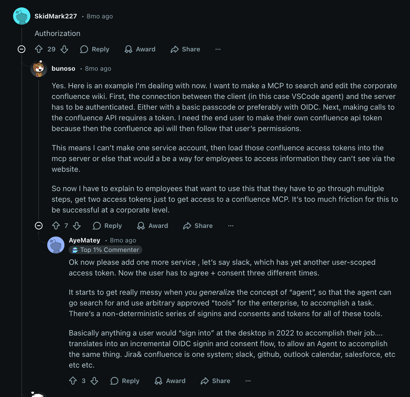 Screenshot of a community discussion describing authentication and consent challenges when MCP workflows scale across enterprise systems