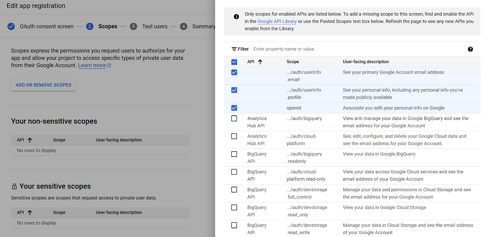 Scope and permissions screen