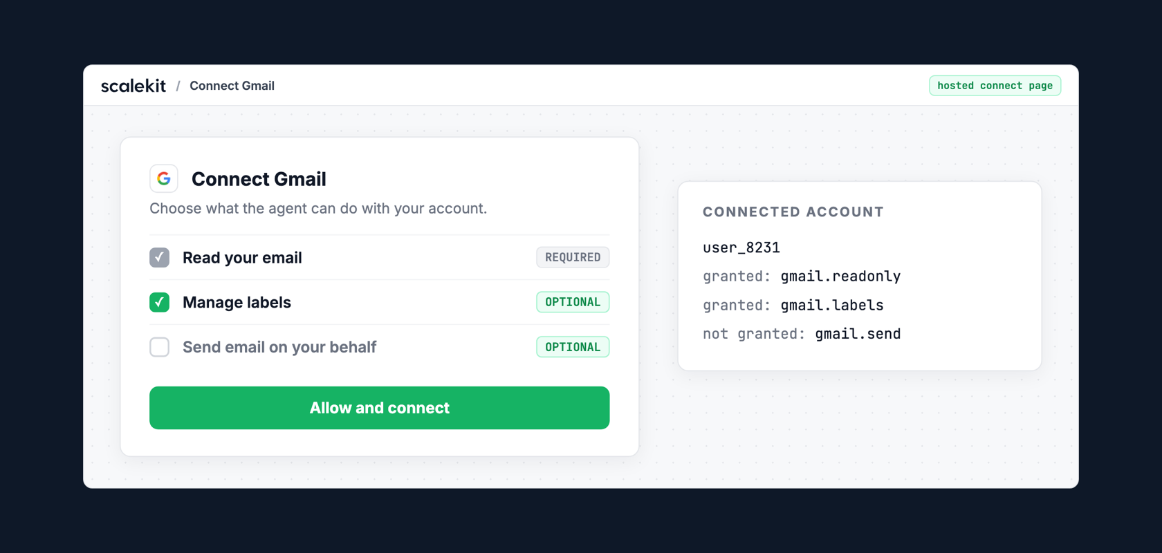 Hosted connect page for Gmail with a required scope locked and optional scopes as checkboxes