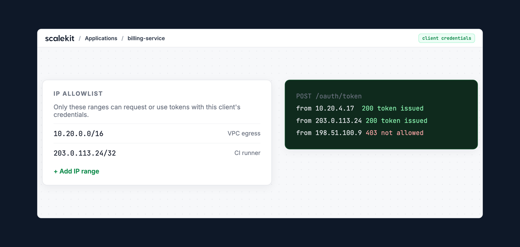 Application IP allowlist with approved CIDR ranges and a rejected token request