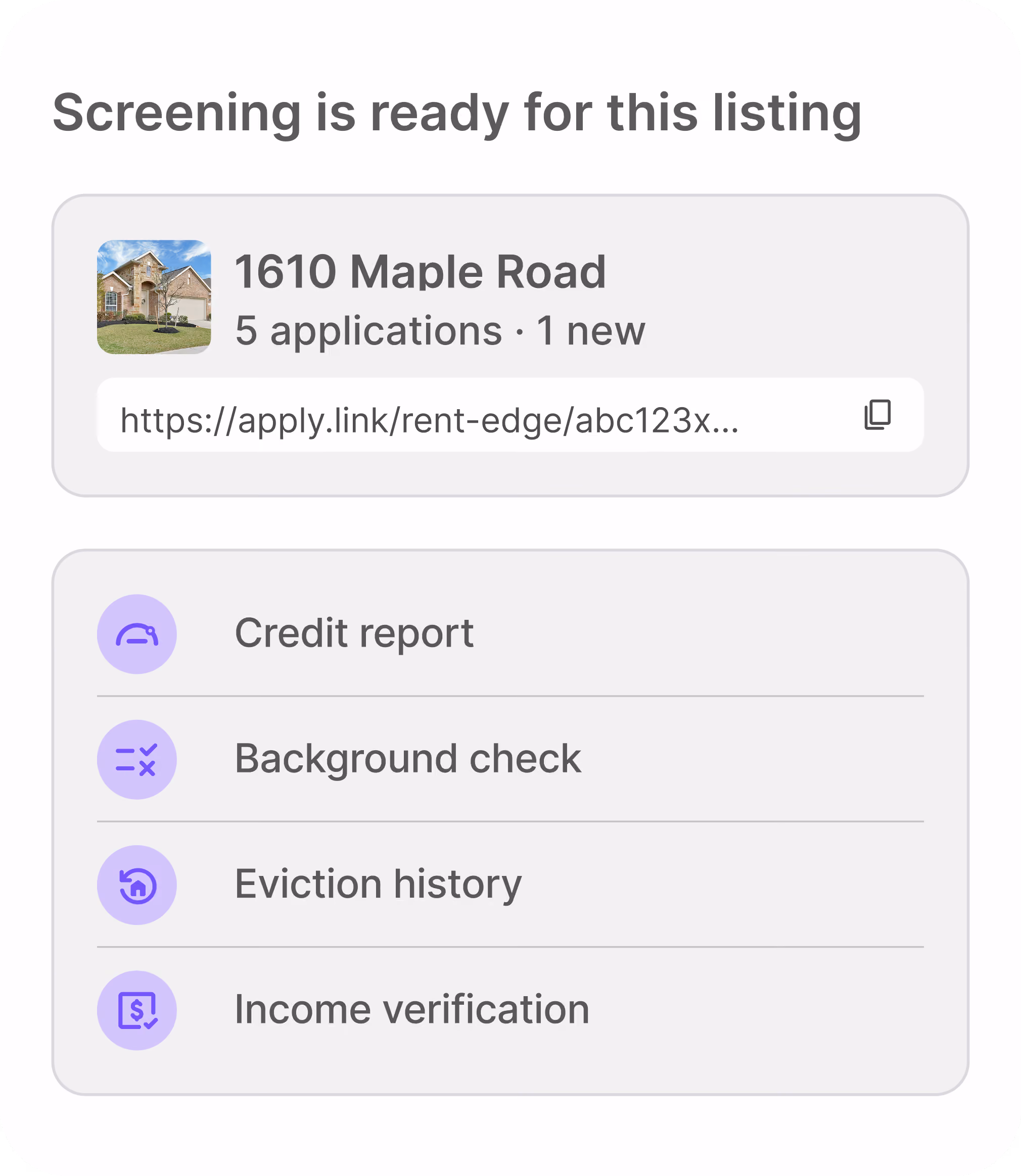 Screen showing screening status for 1610 Maple Road with 5 applications and checks listed.