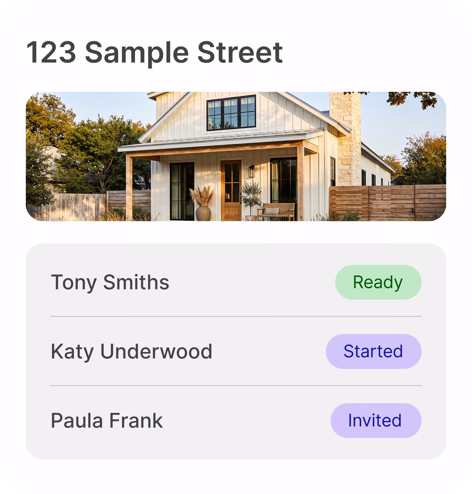 Modern house exterior at 123 Sample Street with a list showing statuses: Ready, Started, Invited.