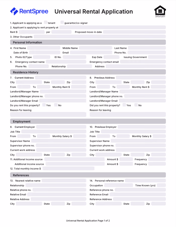 Universal Rental Application form with sections for personal info, residence history, employment, and references.