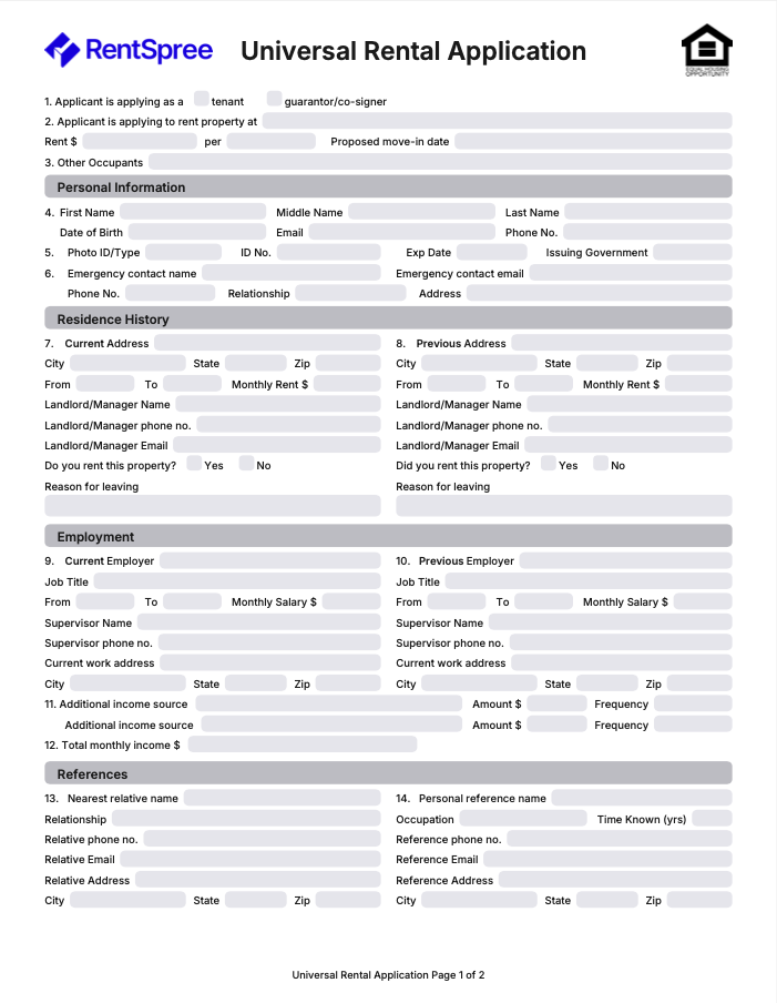 Universal Rental Application form with sections for personal info, residence history, employment, and references.