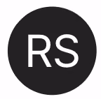 White capital letters R and S on a black circular background.