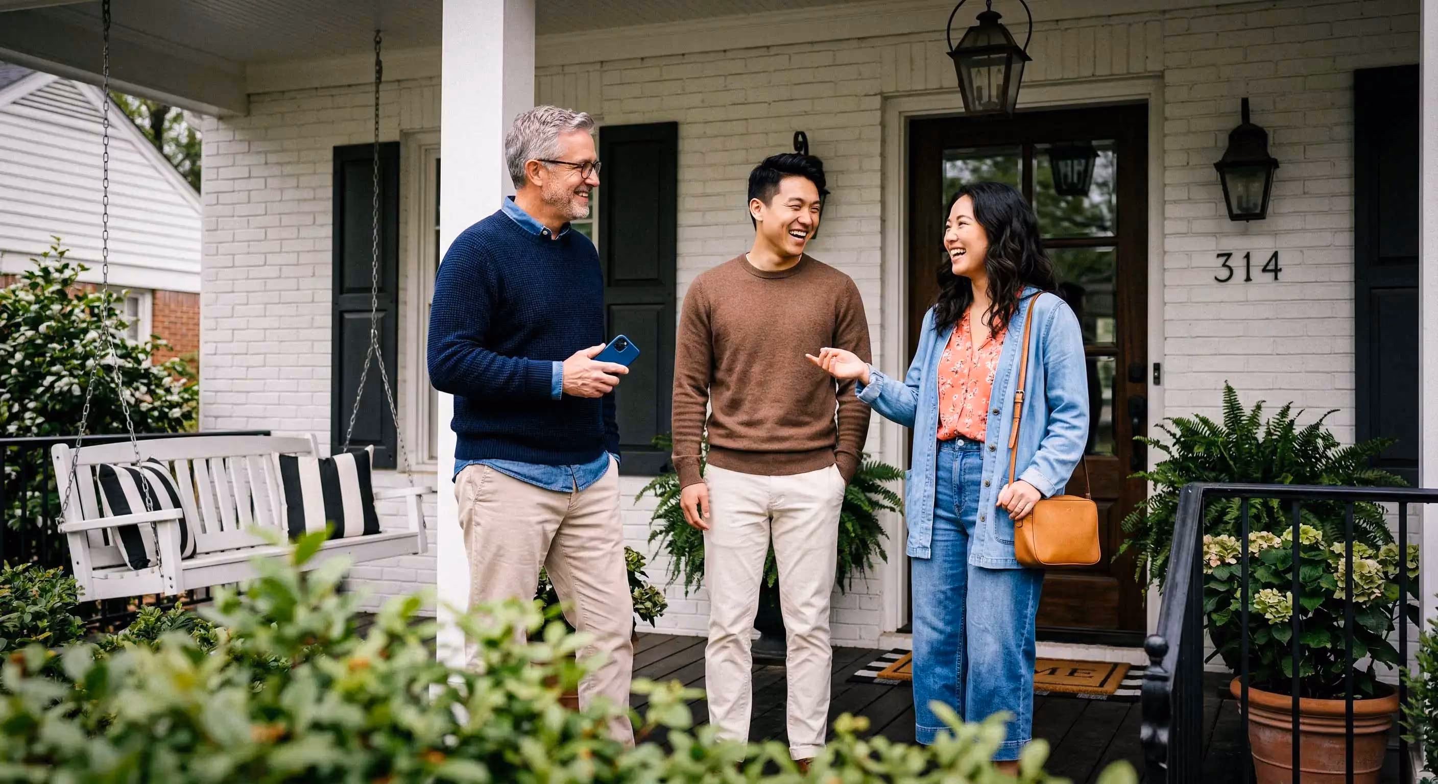 Three people smiling and talking on a house porch with plants and a swing.