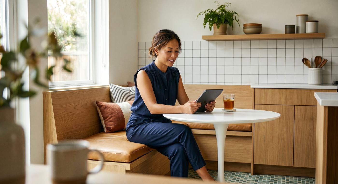 lady sitting at table with ipad. 