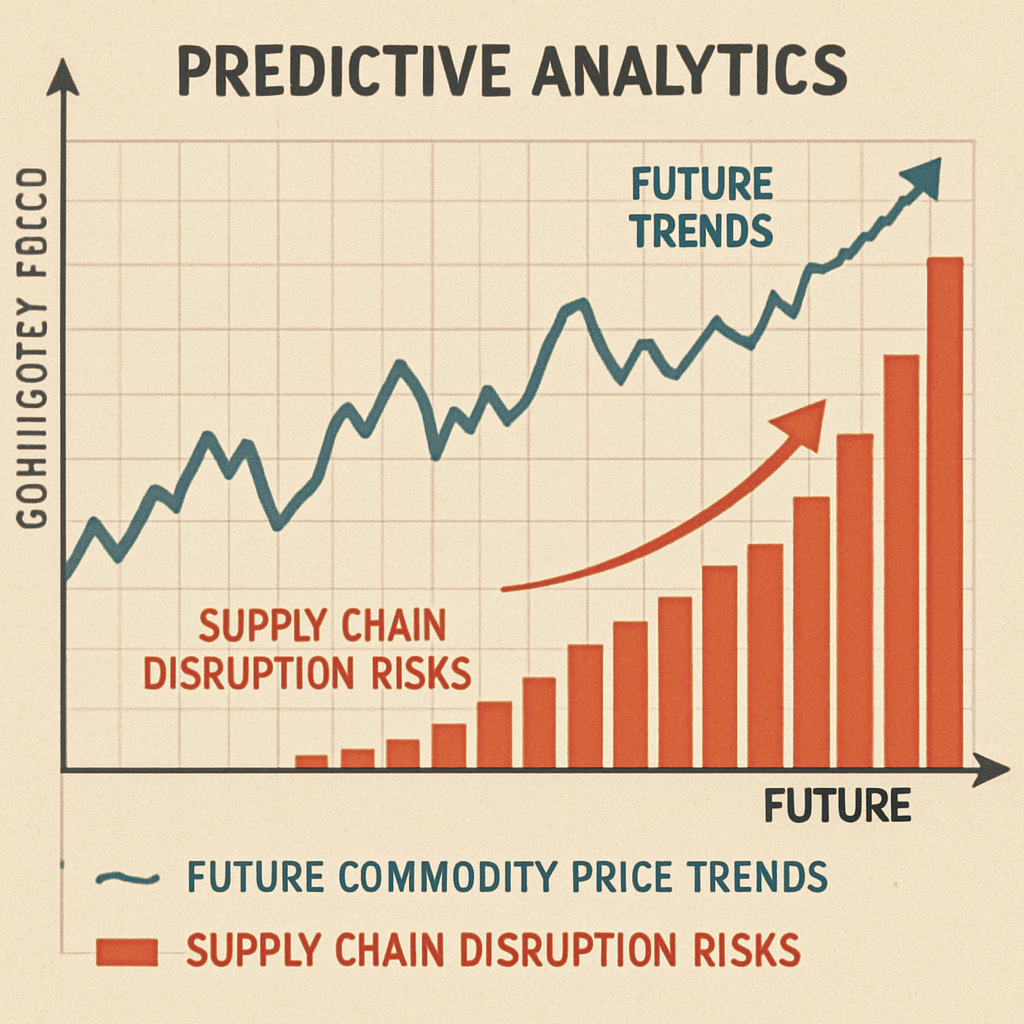 A complex predictive analytics graph showing future commodity price trends and supply chain disruption risks