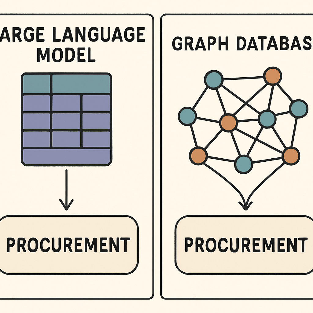 A visual comparison chart showing the architecture of a Large Language Model versus a Graph Database in procurement