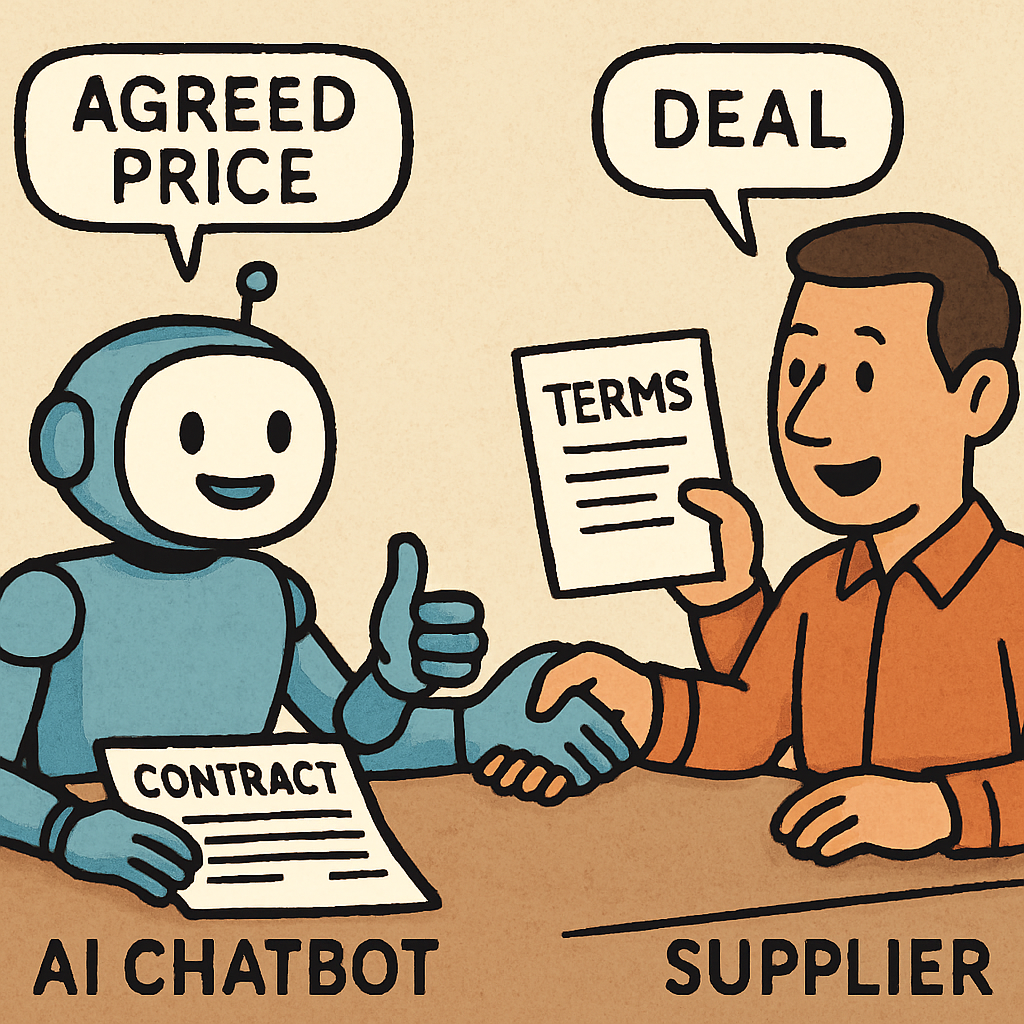 An illustration of an AI chatbot successfully negotiating contract terms and pricing with a human supplier