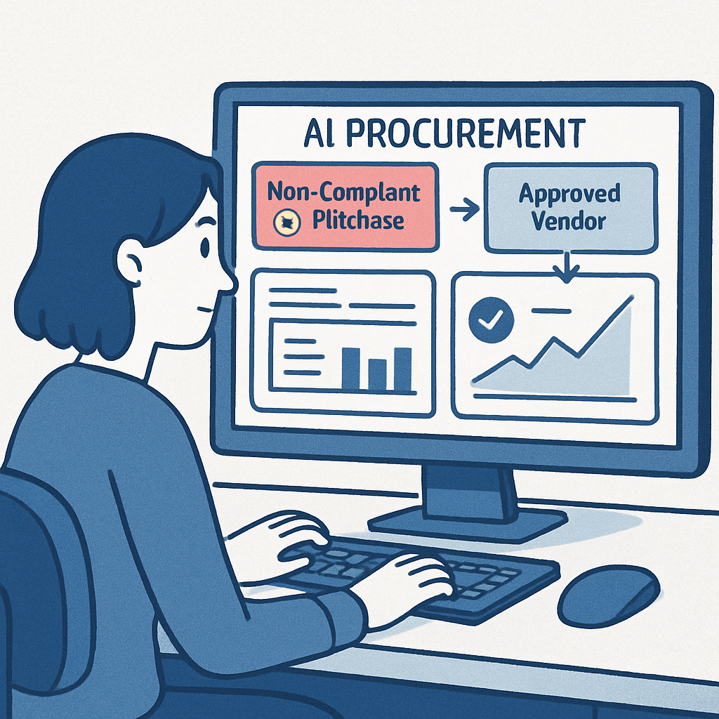 An employee using an intuitive AI procurement dashboard that redirects a non-compliant purchase to an approved vendor