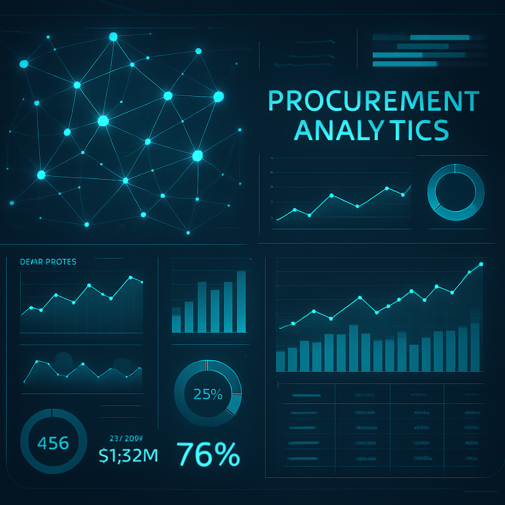 A futuristic digital dashboard showing connected data points and procurement analytics