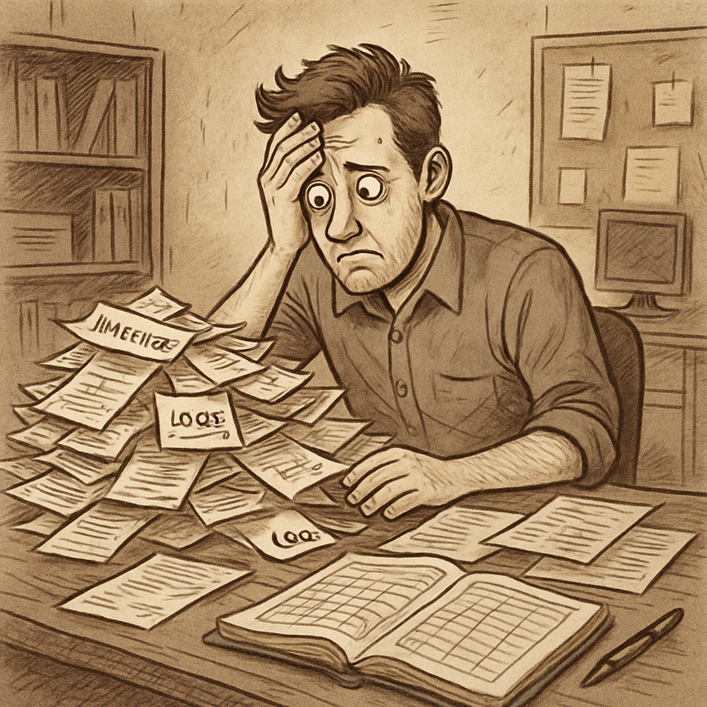 A busy small business owner looking overwhelmed by a desk full of paper invoices and manual logs, representing the 'current mess'.