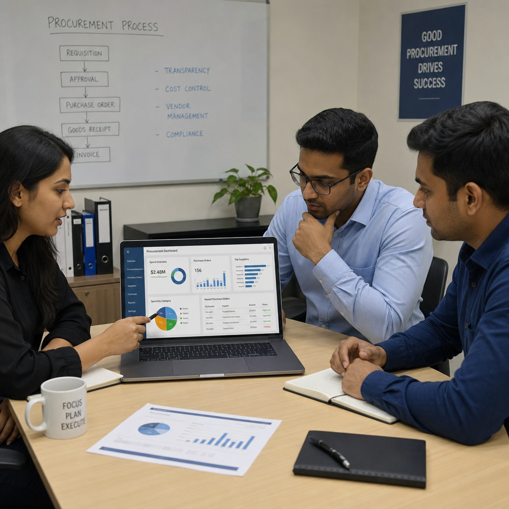 team reviewing procurement software reports on a laptop in an office