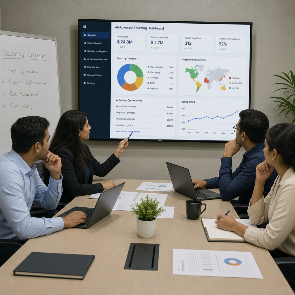 Procurement team reviewing AI-powered sourcing dashboards